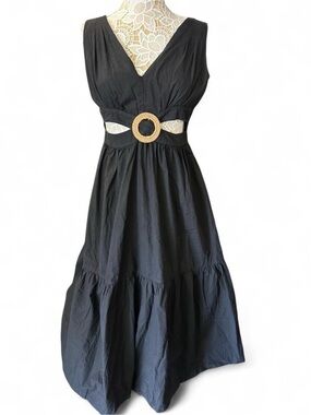 Black Midi Dress with Woven Buckle Waist